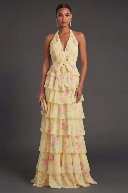 Leely Women Yellow Halter Neck Tiered Floral Long Beach Wedding Guest Dress A Line Backless Sleeveless Gala Dress