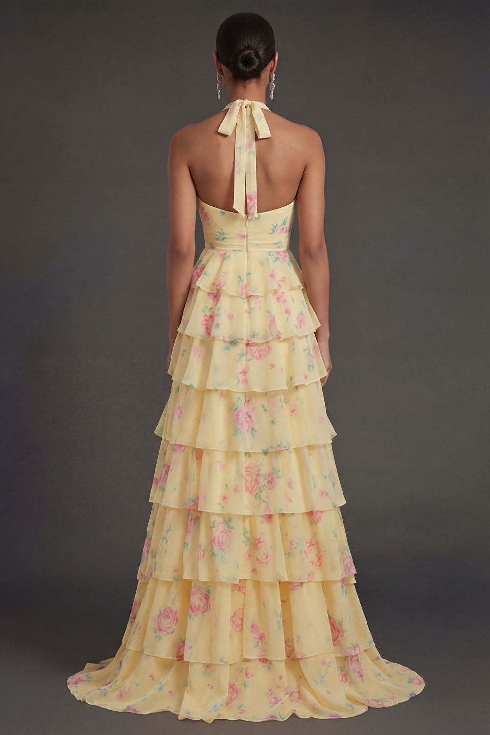 Yellow Halter Neck Tiered Floral Long Beach Wedding Guest Dress