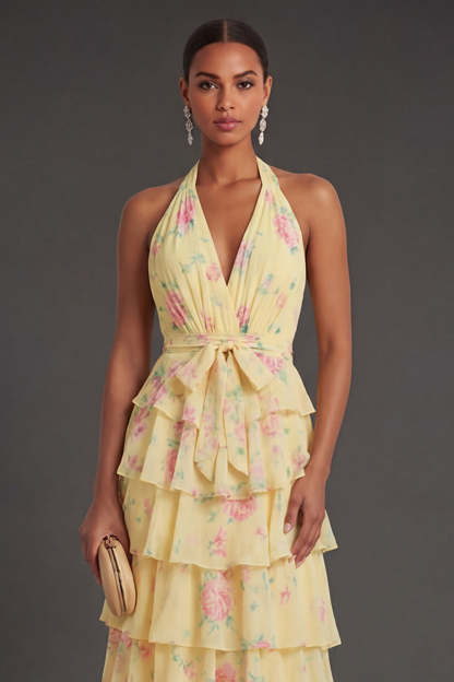 Yellow Halter Neck Tiered Floral Long Beach Wedding Guest Dress