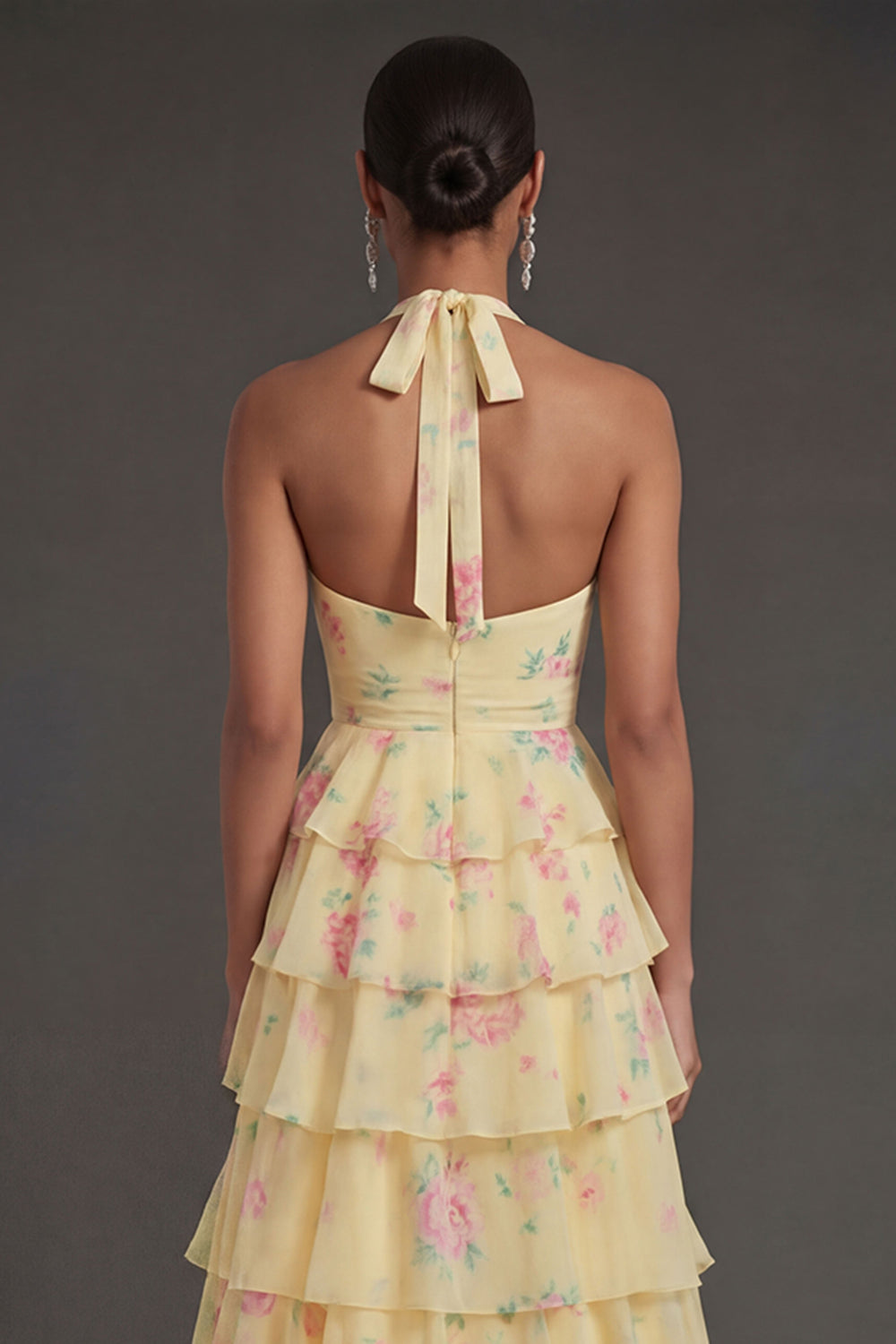 Yellow Halter Neck Tiered Floral Long Beach Wedding Guest Dress