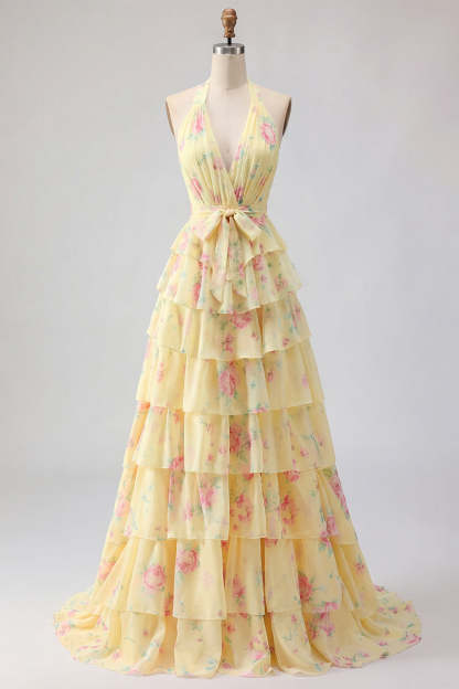 Yellow Halter Neck Tiered Floral Long Beach Wedding Guest Dress