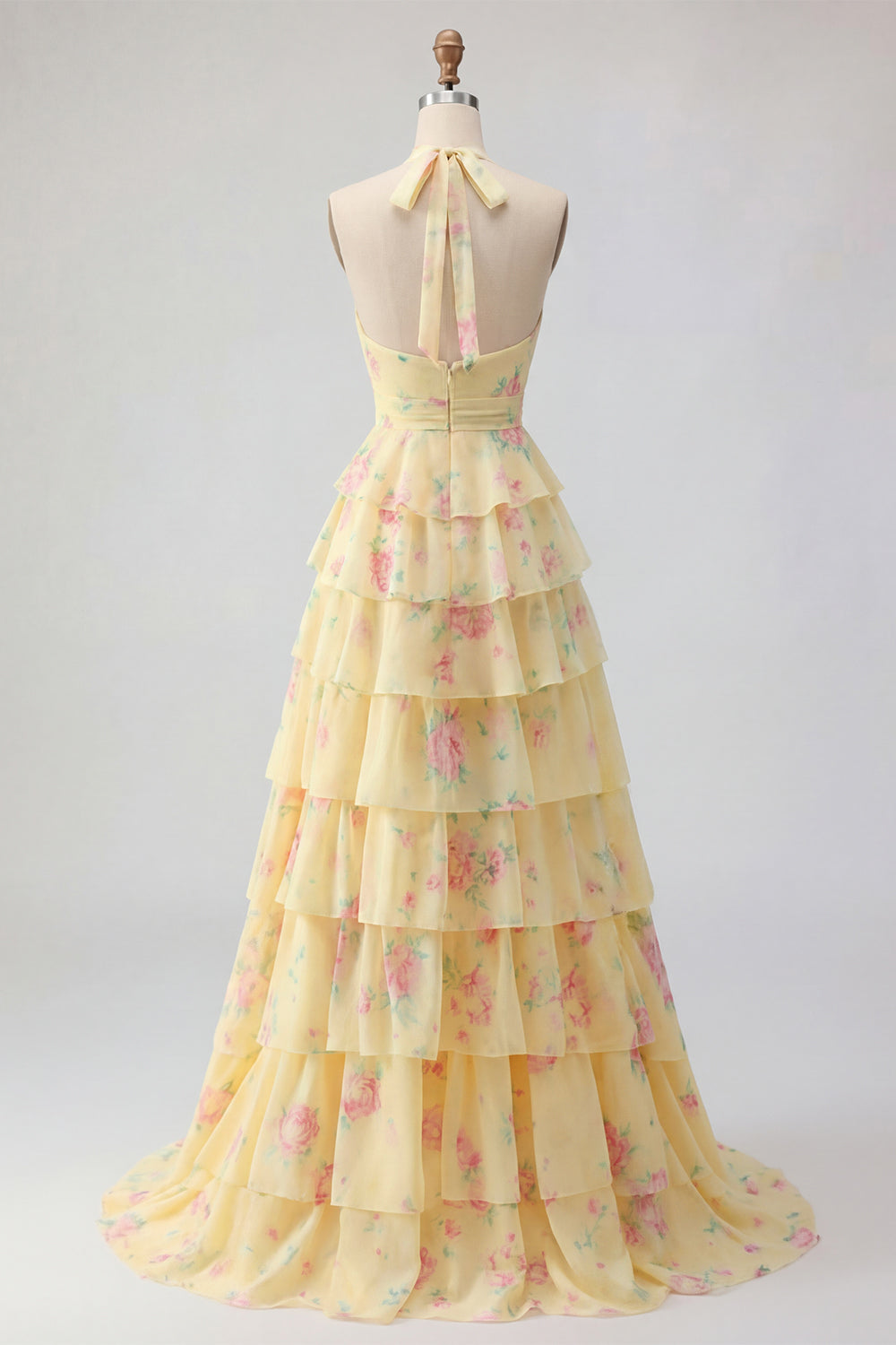 Yellow Halter Neck Tiered Floral Long Beach Wedding Guest Dress