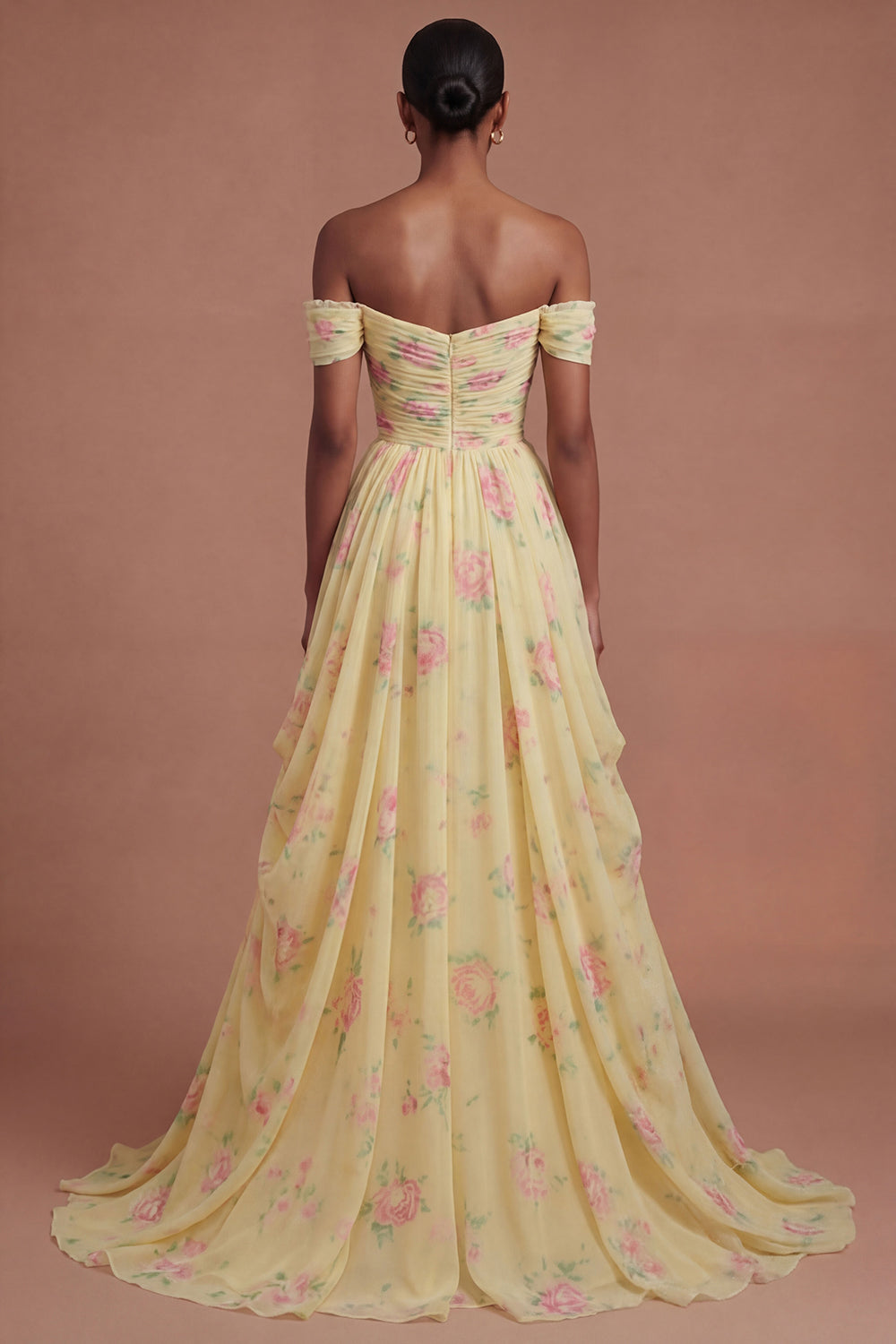 Yellow Off the Shoulder Ruched Floral Long Prom Dress