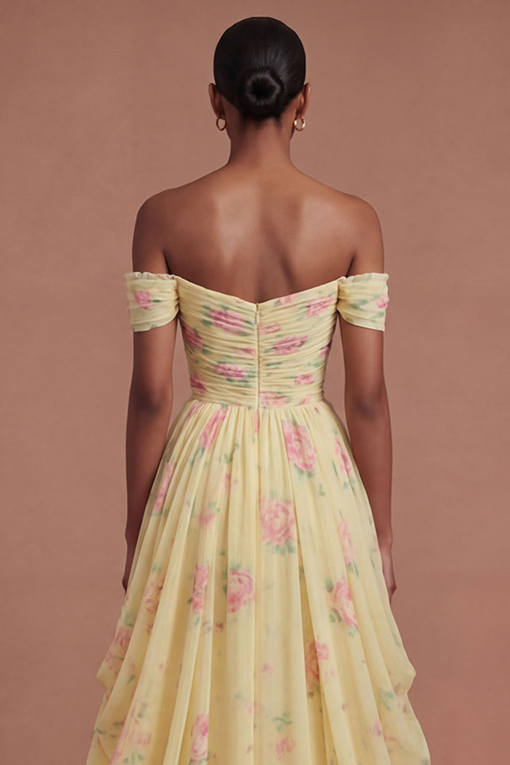 Yellow Off the Shoulder Ruched Floral Long Prom Dress