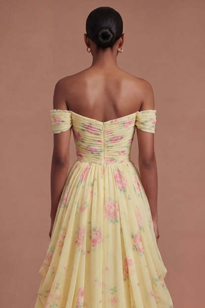 Yellow Off the Shoulder Ruched Floral Long Prom Dress
