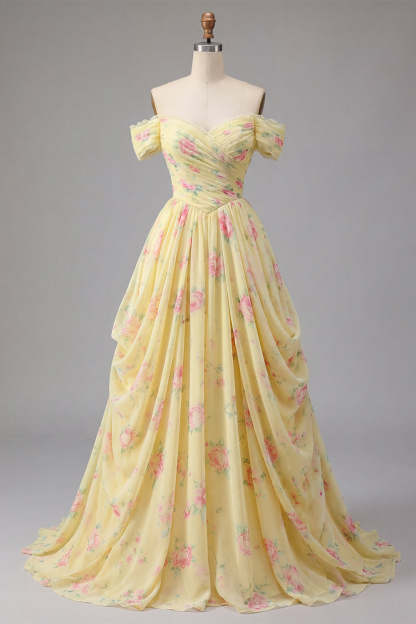Yellow Off the Shoulder Ruched Floral Long Prom Dress