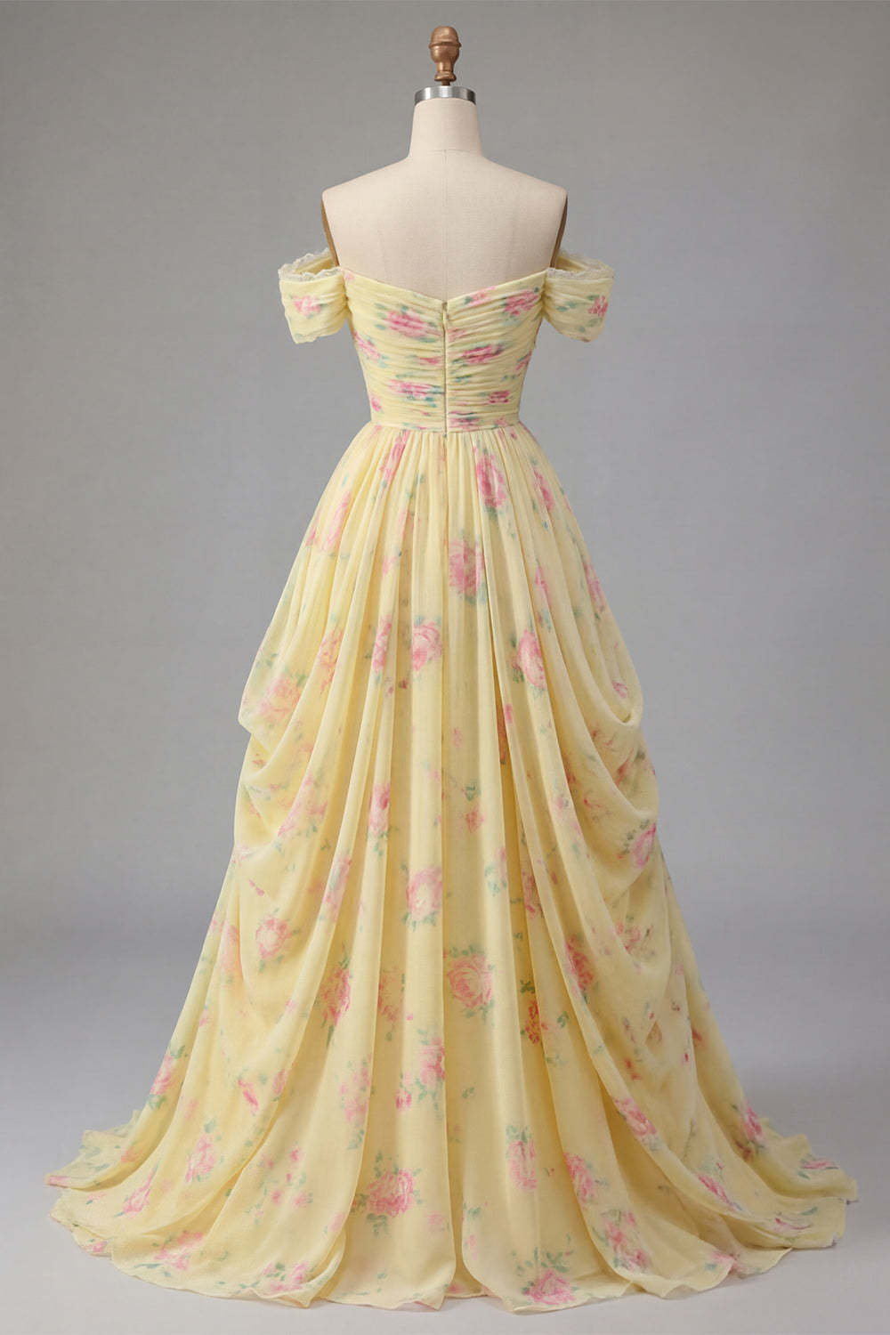 Yellow Off the Shoulder Ruched Floral Long Prom Dress