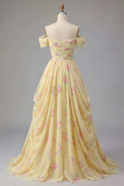 Yellow Off the Shoulder Ruched Floral Long Prom Dress