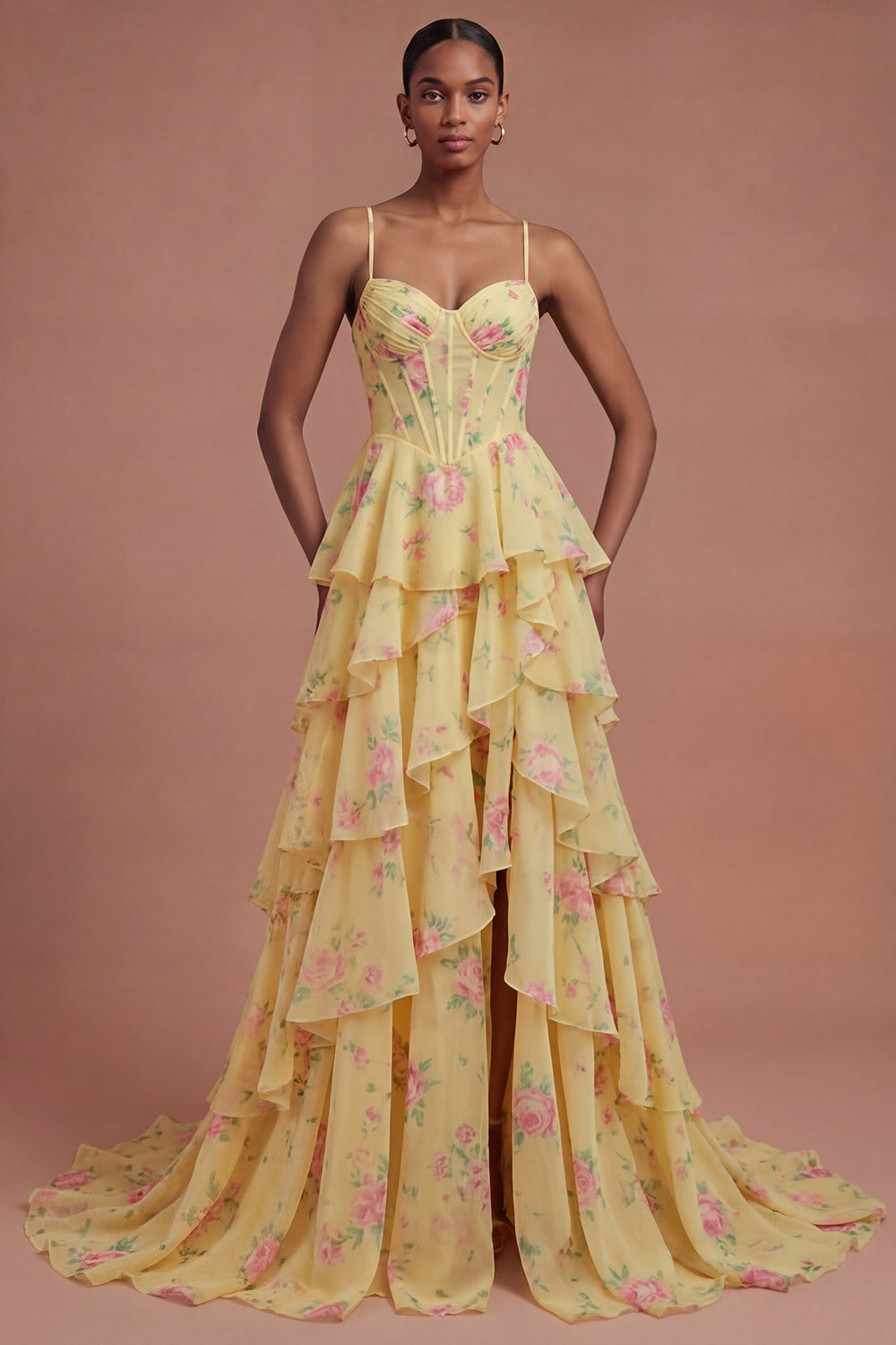 Leely Women Corset Yellow Floral Spaghetti Straps Long Prom Dress Backless Ruffled Evening Dress