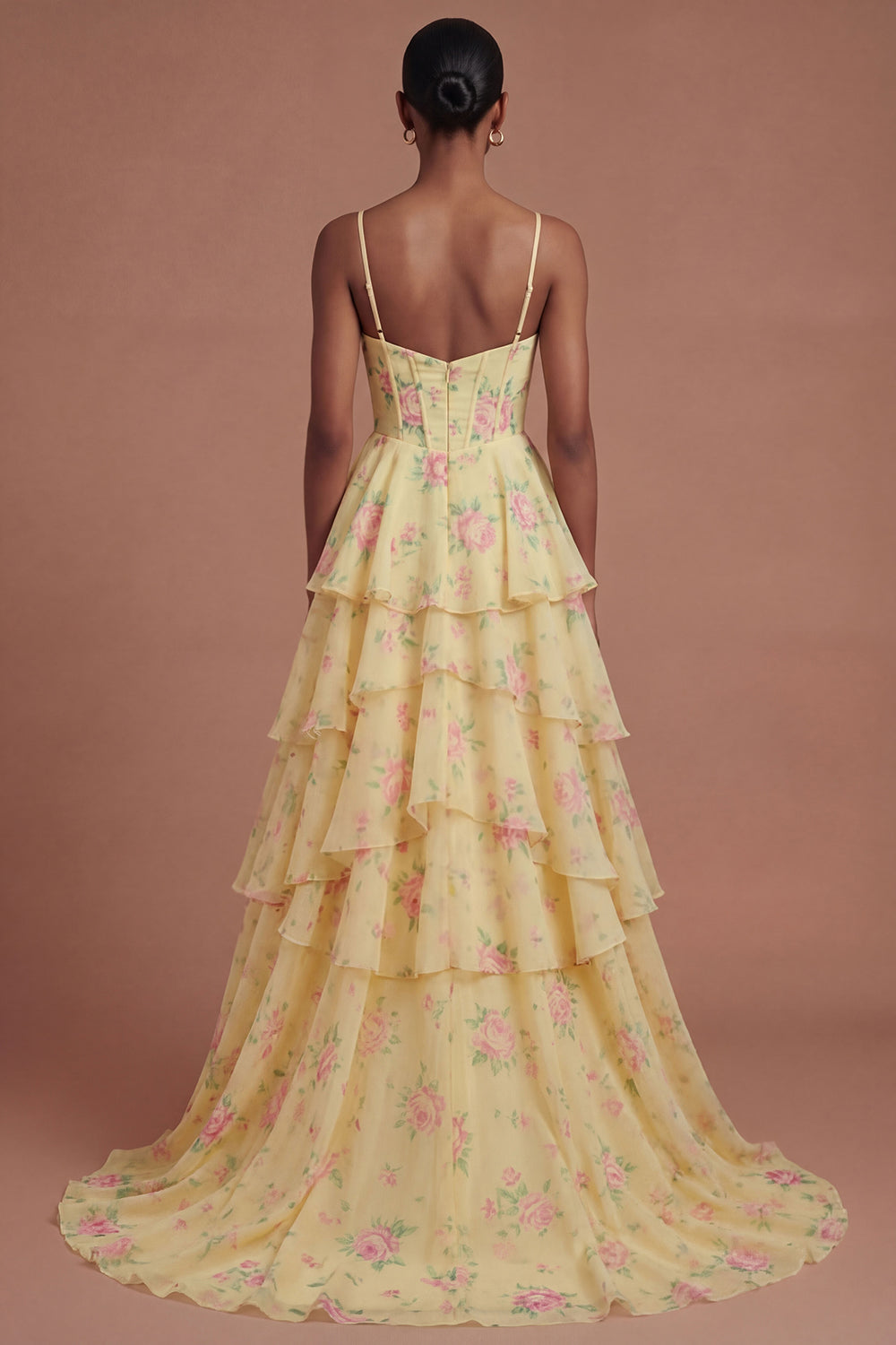 Corset Ruffled Yellow Floral Spaghetti Straps Long Prom Dress