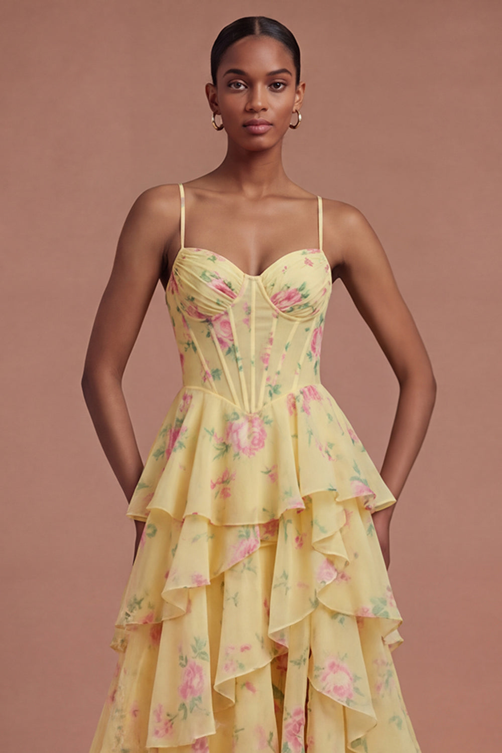 Corset Ruffled Yellow Floral Spaghetti Straps Long Prom Dress