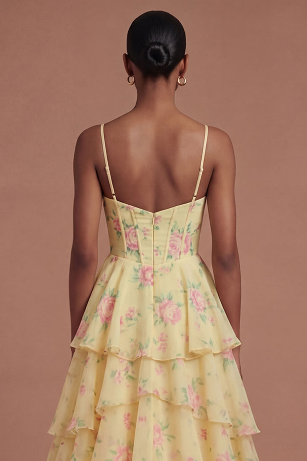 Corset Ruffled Yellow Floral Spaghetti Straps Long Prom Dress