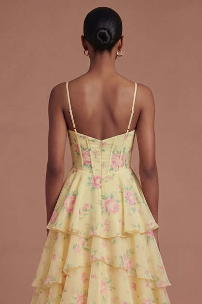 Corset Ruffled Yellow Floral Spaghetti Straps Long Prom Dress