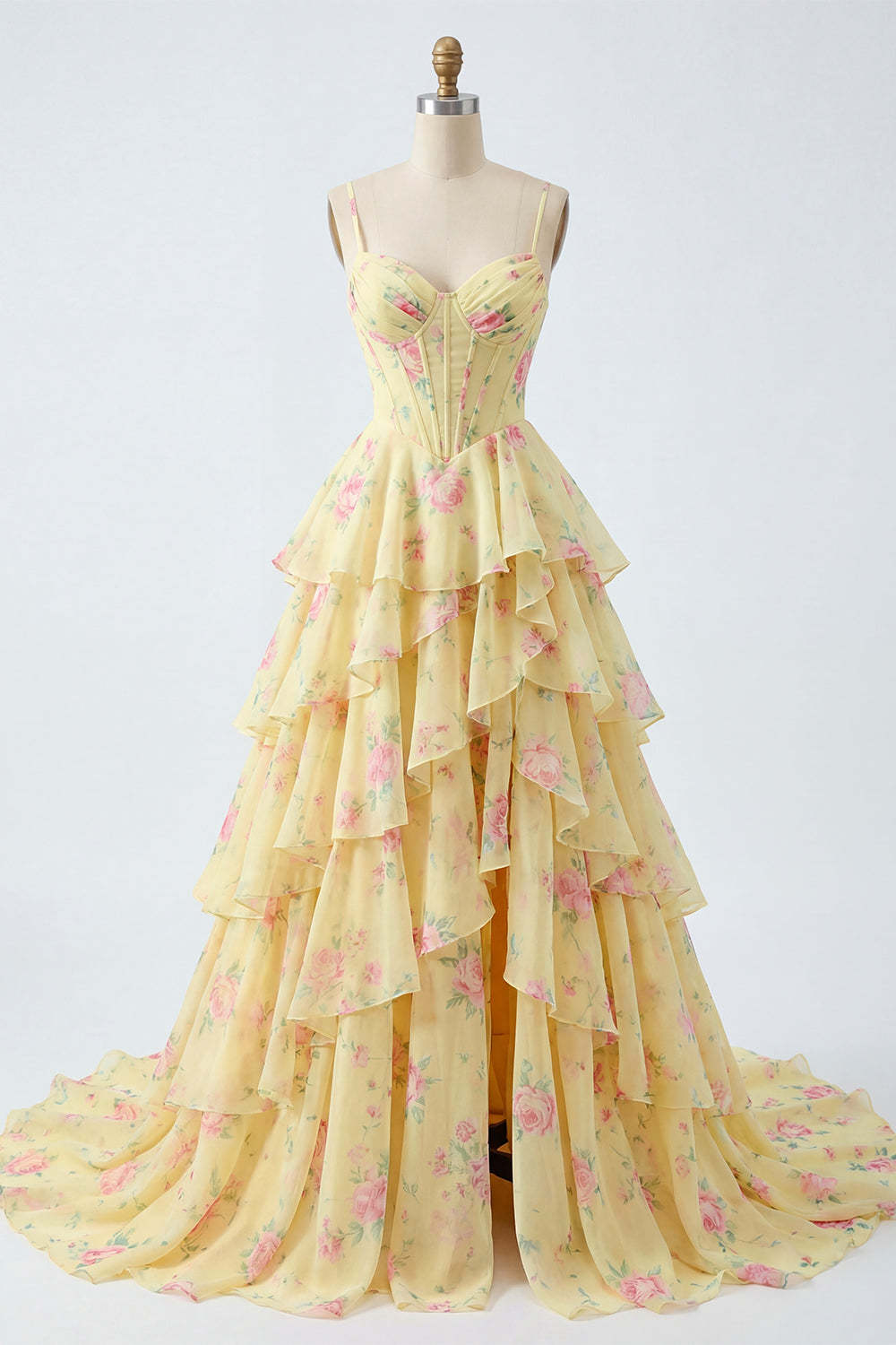 Corset Ruffled Yellow Floral Spaghetti Straps Long Prom Dress