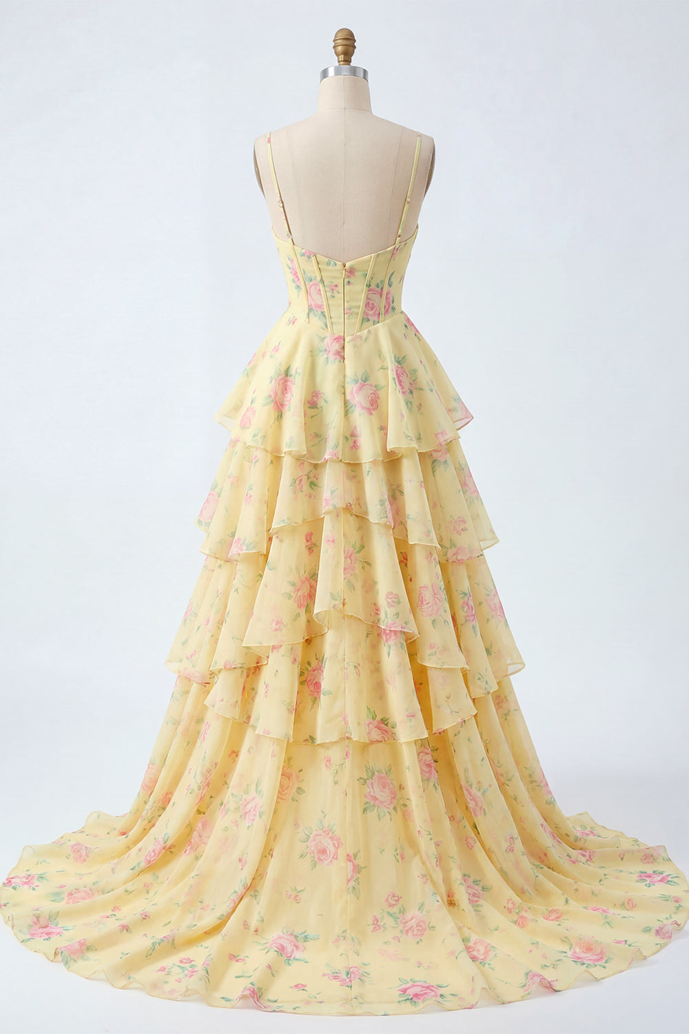 Corset Ruffled Yellow Floral Spaghetti Straps Long Prom Dress