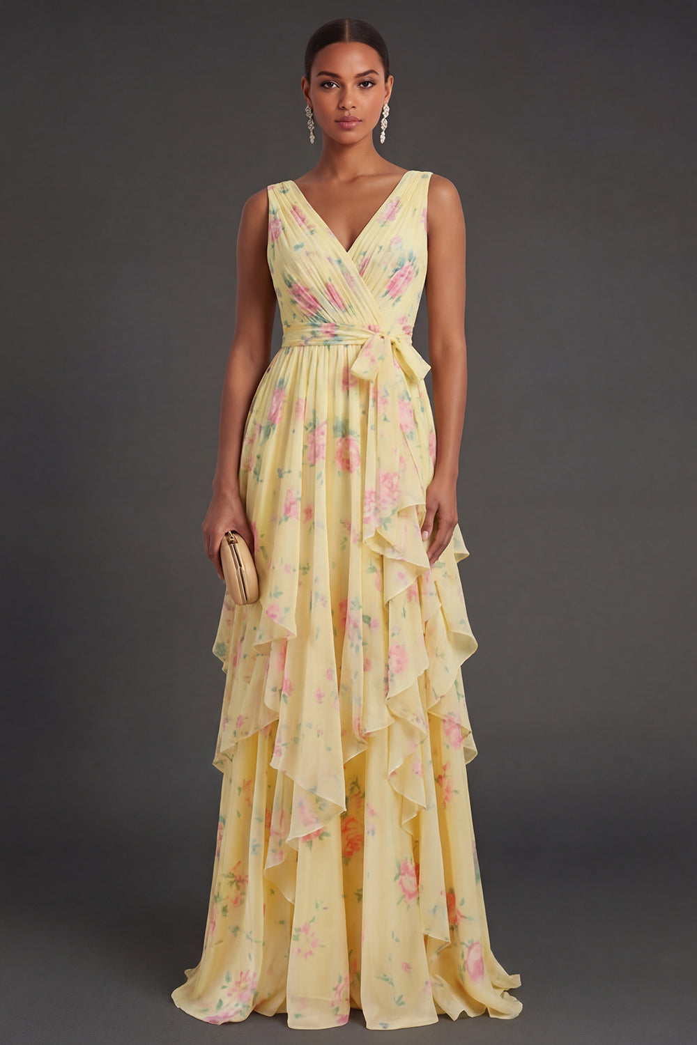 Leely Women Ruffled Yellow Floral Long Beach Wedding Guest Dress V Neck Sleeveless Backless Evening Dress