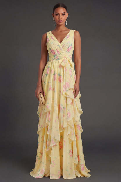 Leely Women Ruffled Yellow Floral Long Beach Wedding Guest Dress V Neck Sleeveless Backless Evening Dress
