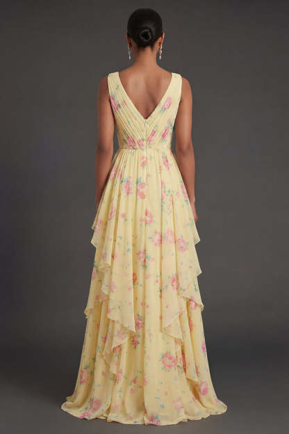 Ruffled Yellow V Neck Floral Long Beach Wedding Guest Dress