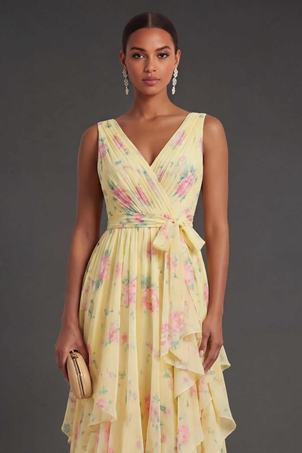 Ruffled Yellow V Neck Floral Long Beach Wedding Guest Dress