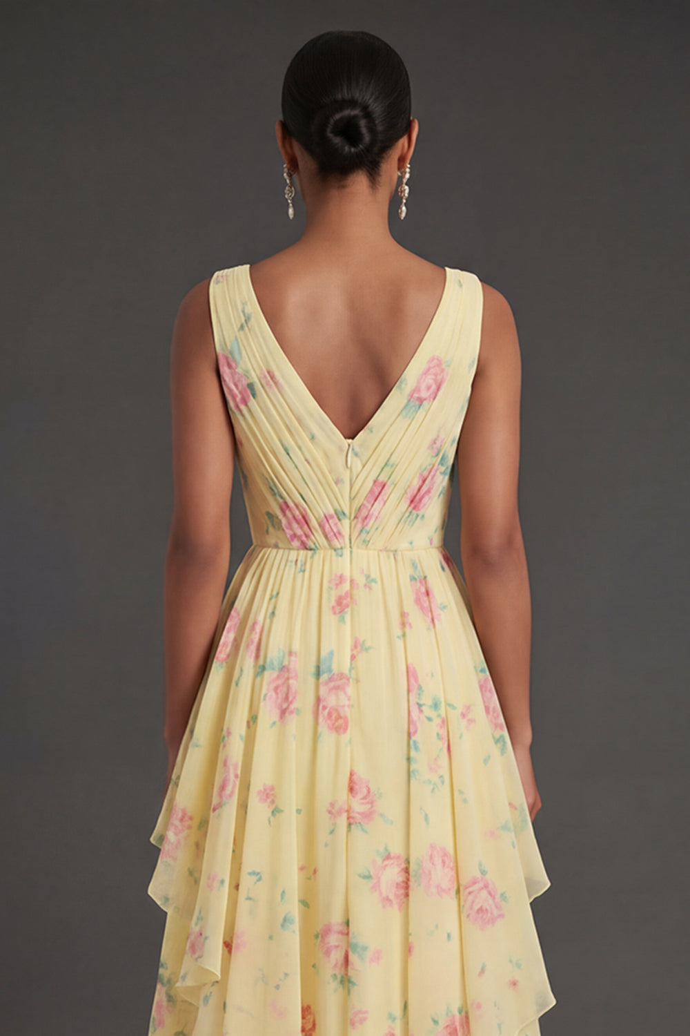 Ruffled Yellow V Neck Floral Long Beach Wedding Guest Dress