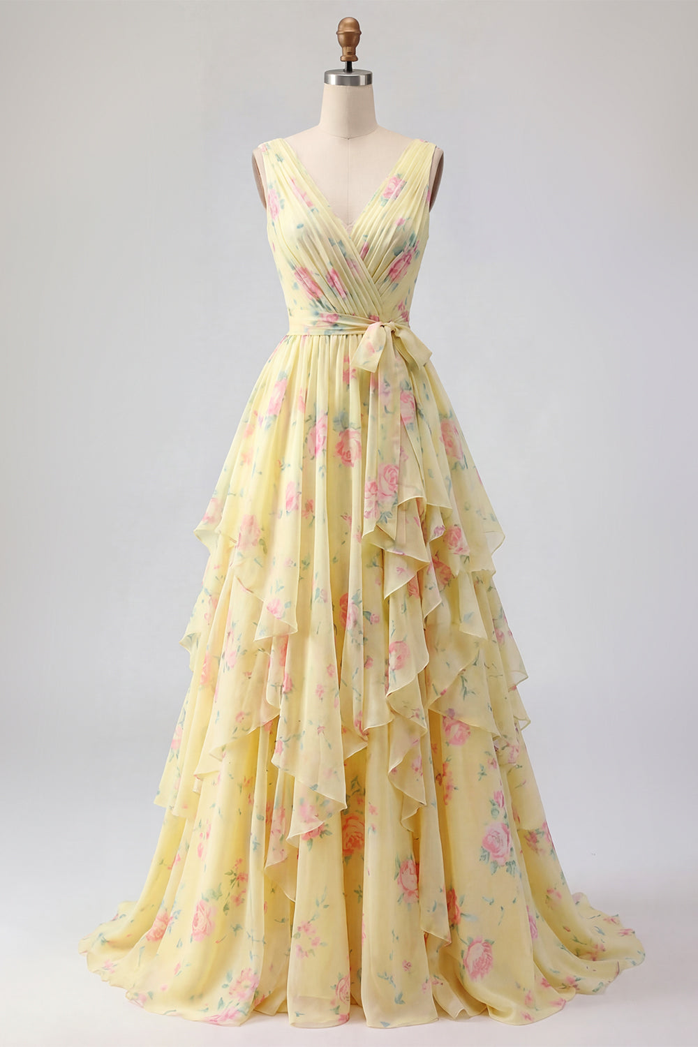 Ruffled Yellow V Neck Floral Long Beach Wedding Guest Dress
