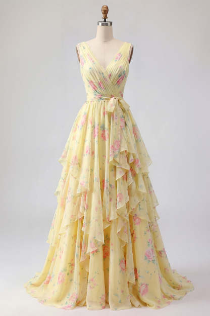 Ruffled Yellow V Neck Floral Long Beach Wedding Guest Dress