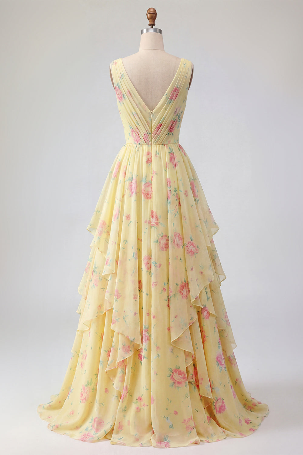 Ruffled Yellow V Neck Floral Long Beach Wedding Guest Dress