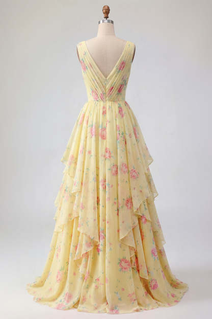 Ruffled Yellow V Neck Floral Long Beach Wedding Guest Dress