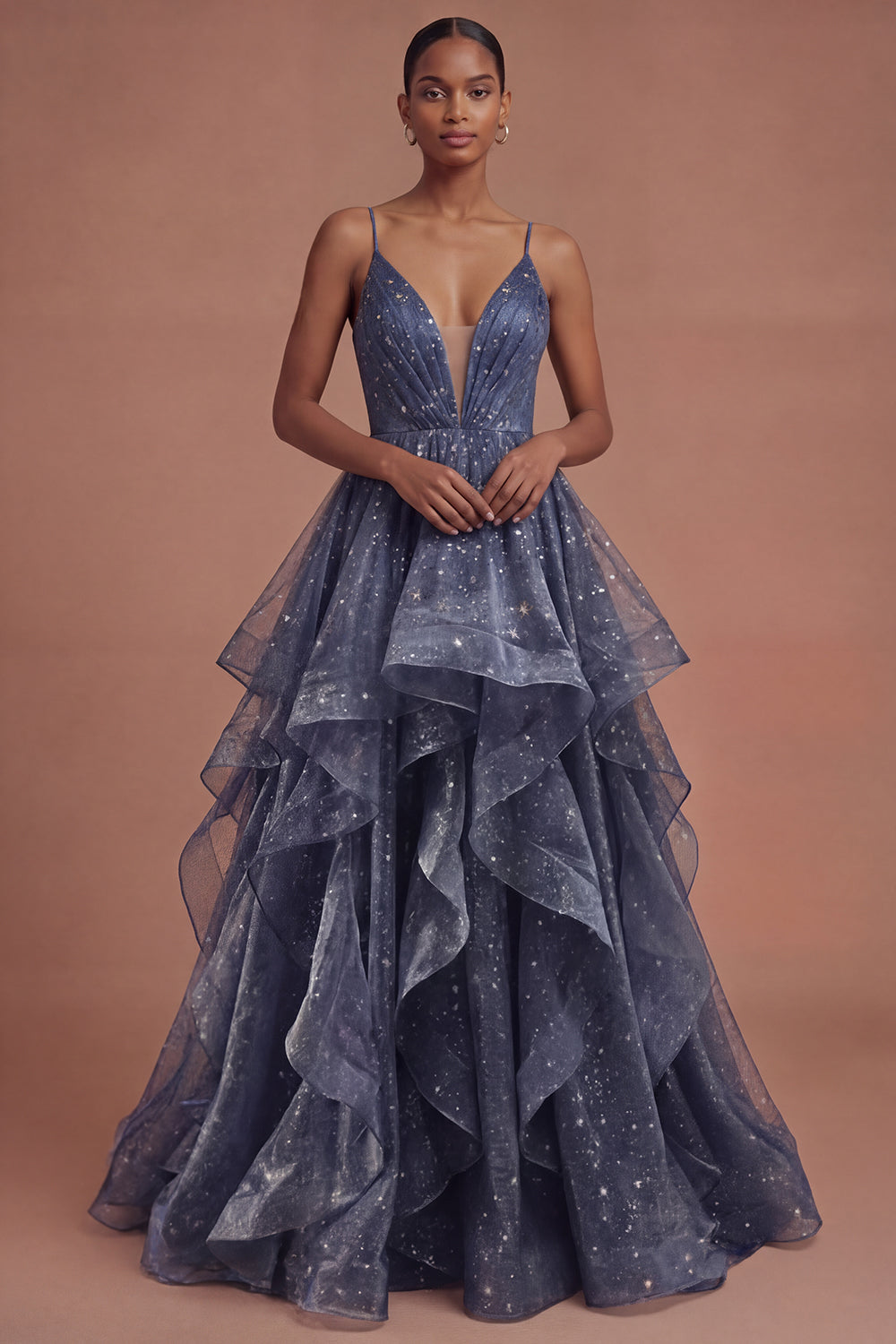 Leely Women Sparkly Dusty Blue A Line Ruffled Long Prom Dress Spaghetti Straps Backless Evening Dress