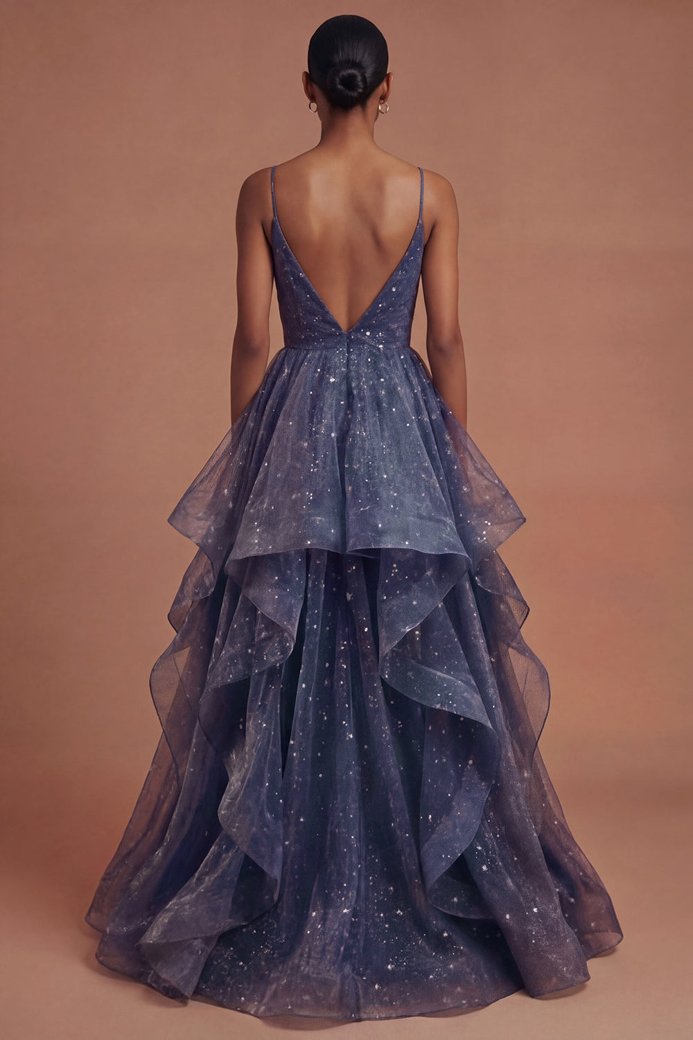 Sparkly Dusty Blue A Line Ruffled Long Prom Dress