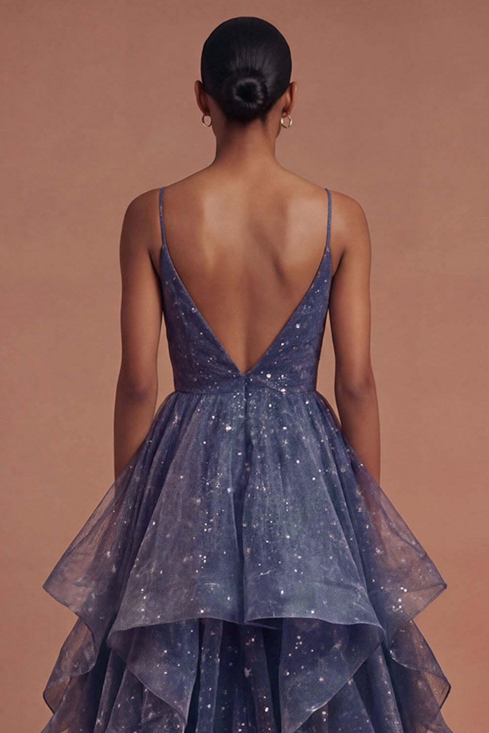 Sparkly Dusty Blue A Line Ruffled Long Prom Dress