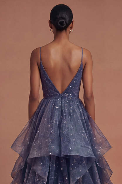 Sparkly Dusty Blue A Line Ruffled Long Prom Dress