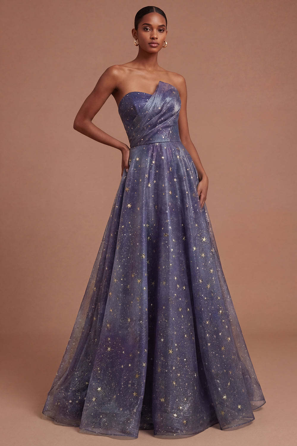 Leely Women Dusty Blue Strapless A Line Long Prom Dress Sparkly Ruched Backless Evening Dress