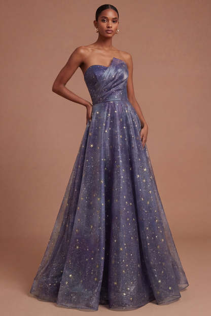 Leely Women Dusty Blue Strapless A Line Long Prom Dress Sparkly Ruched Backless Evening Dress
