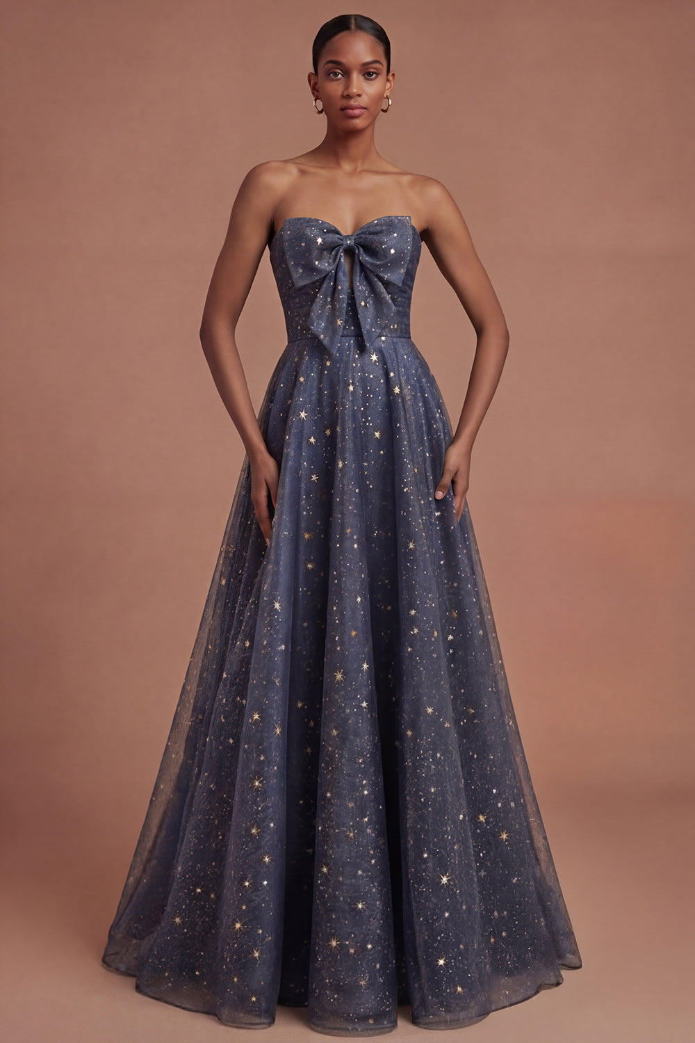 Leely Women Dusty Blue Strapless Long Prom Dress with Bow Backless A Line Wedding Guest Dress