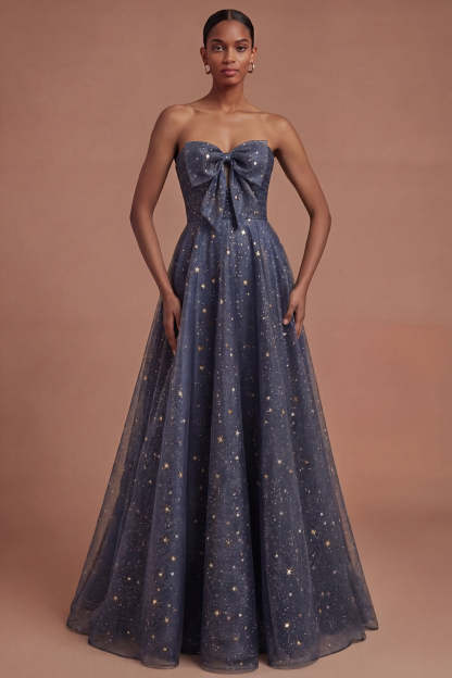 Leely Women Dusty Blue Strapless Long Prom Dress with Bow Backless A Line Wedding Guest Dress
