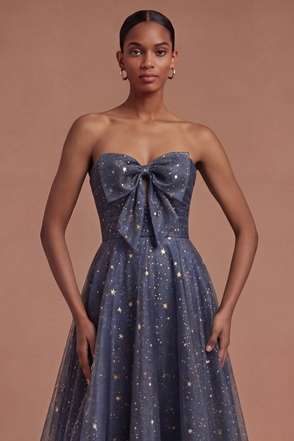 Dusty Blue Strapless A Line Long Prom Dress with Bow