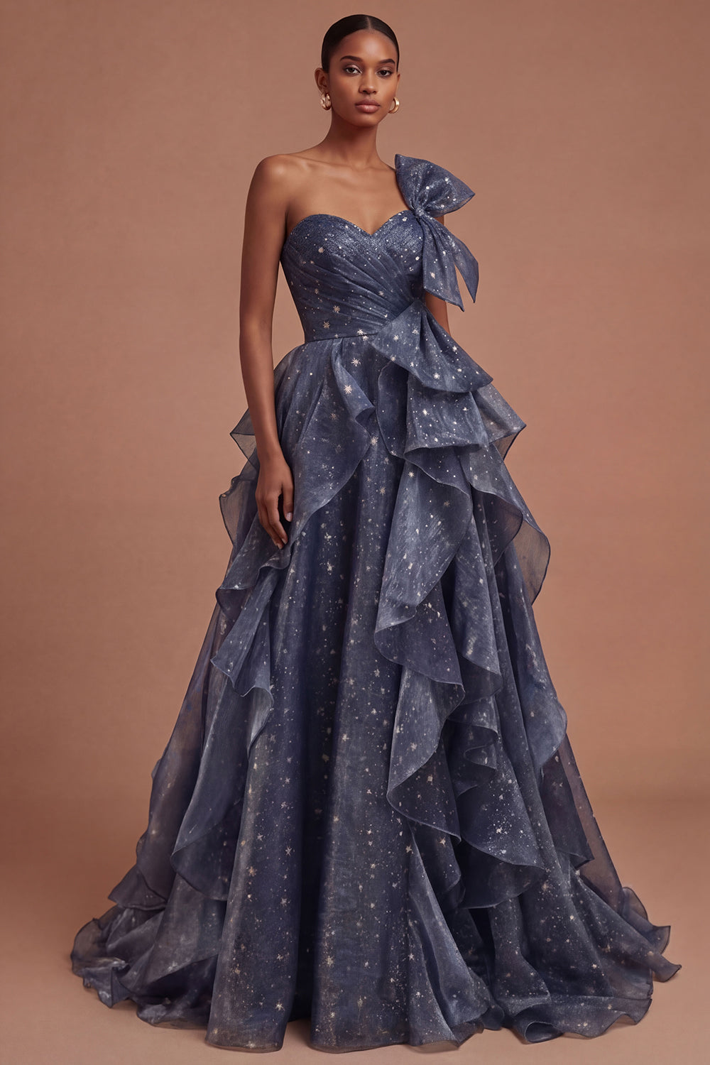 Leely Women Dusty Blue Ruffled One Shoulder Long Prom Dress with Bow Backless Sleeveless Wedding Guest Dress