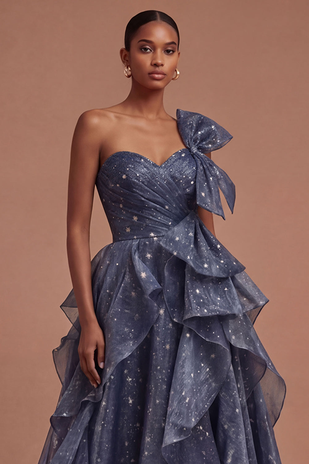Dusty Blue Ruffled One Shoulder Long Prom Dress with Bow