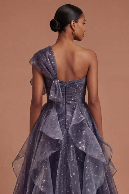 Dusty Blue Ruffled One Shoulder Long Prom Dress with Bow