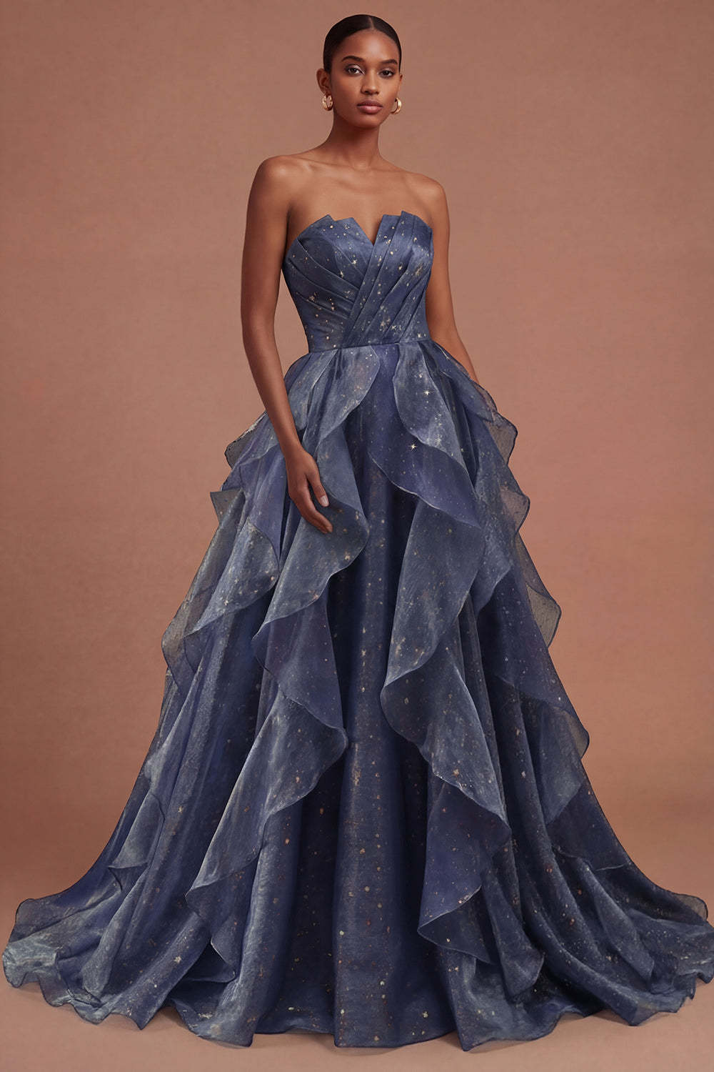 Leely Women Dusty Blue Strapless Ruched Long Prom Dress Backless Ruffled Sleeveless Wedding Guest Dress
