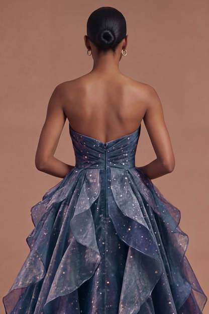 Dusty Blue Strapless Ruched Long Prom Dress