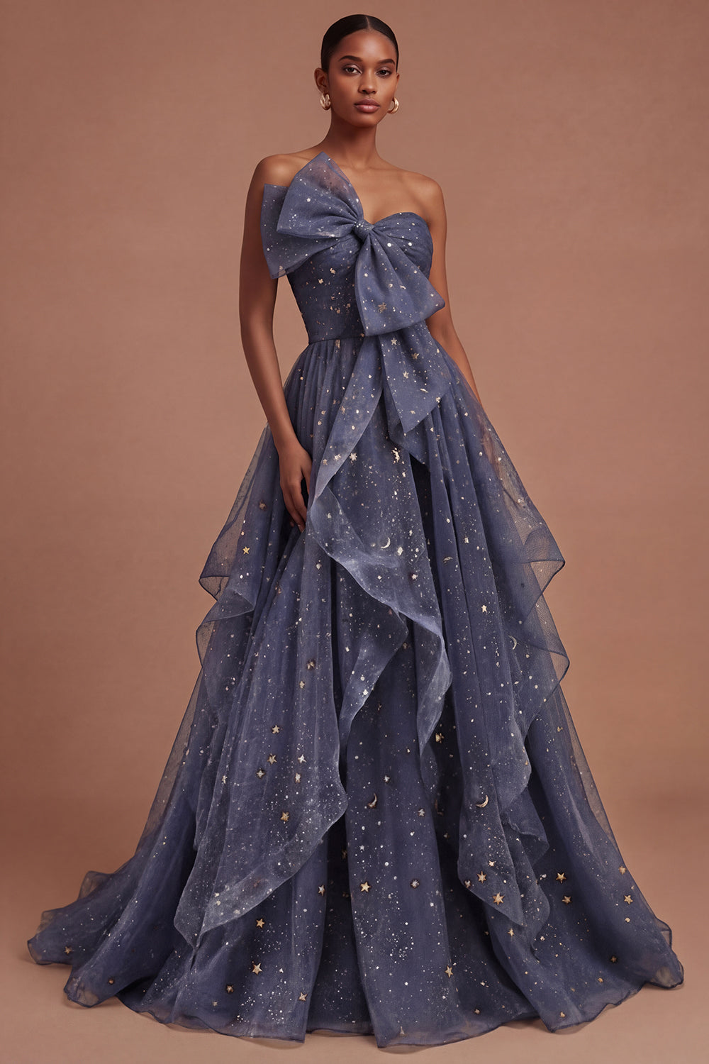 Leely Women Dusty Blue Backless Long Prom Dress with Bow Strapless Ruffled A Line Evening Dress