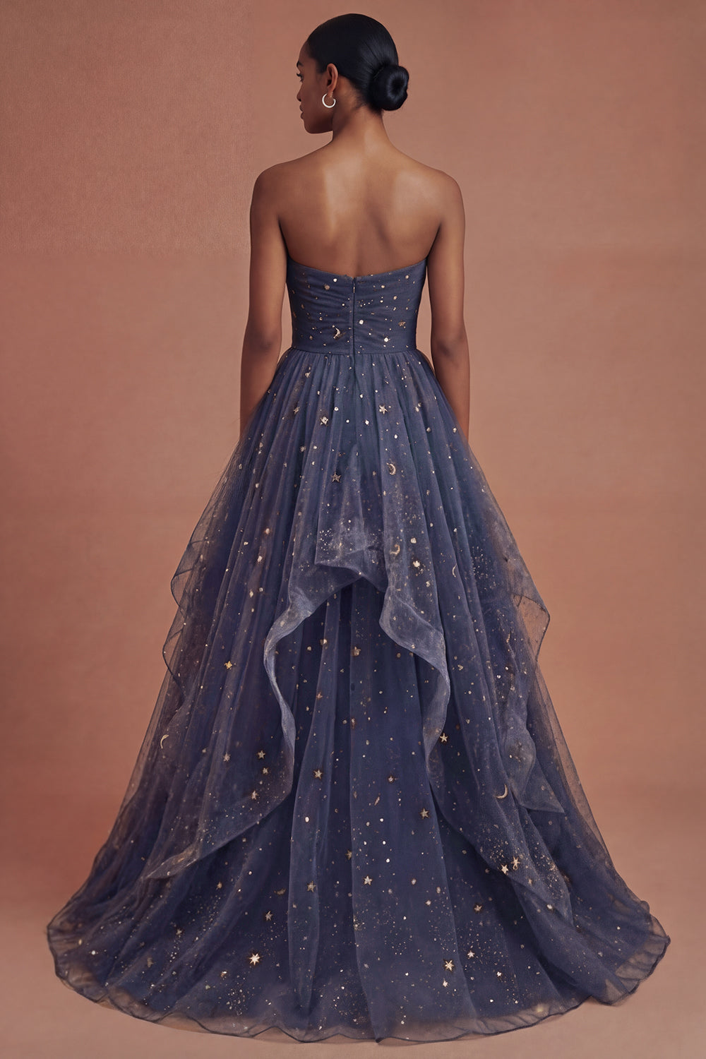 Dusty Blue Strapless Ruffled Backless Long Prom Dress with Bow