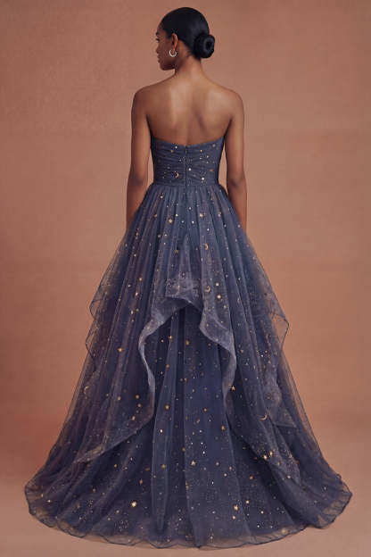 Dusty Blue Strapless Ruffled Backless Long Prom Dress with Bow