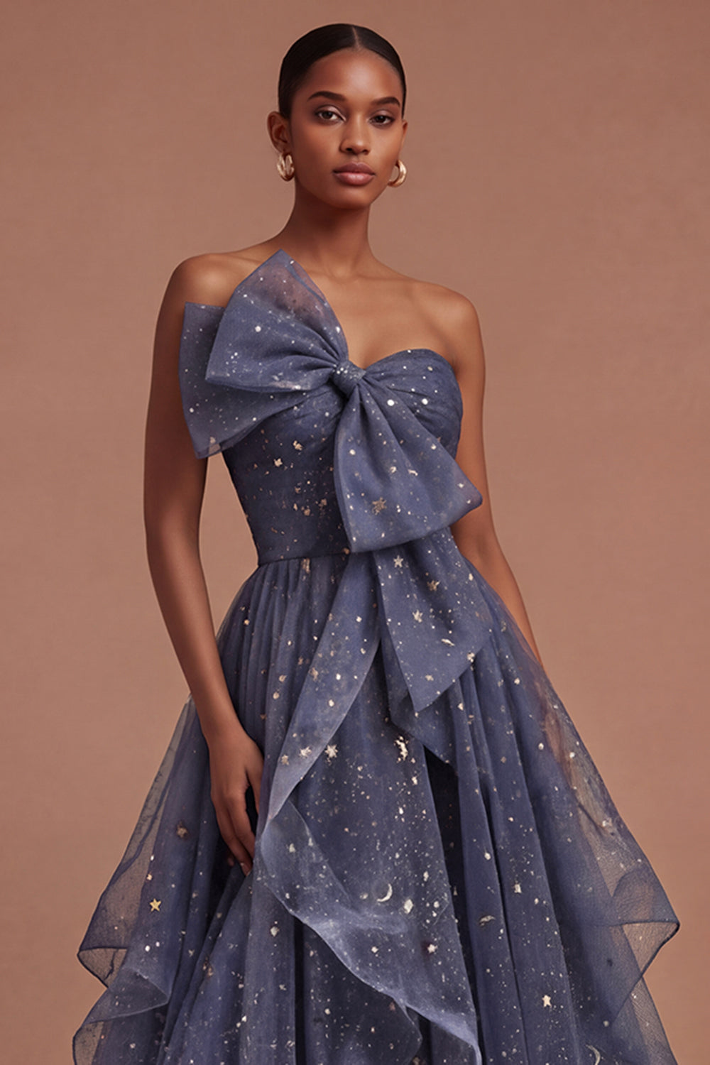 Dusty Blue Strapless Ruffled Backless Long Prom Dress with Bow