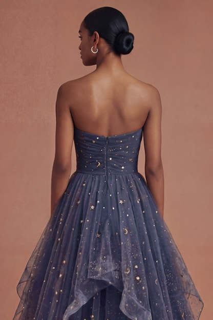 Dusty Blue Strapless Ruffled Backless Long Prom Dress with Bow