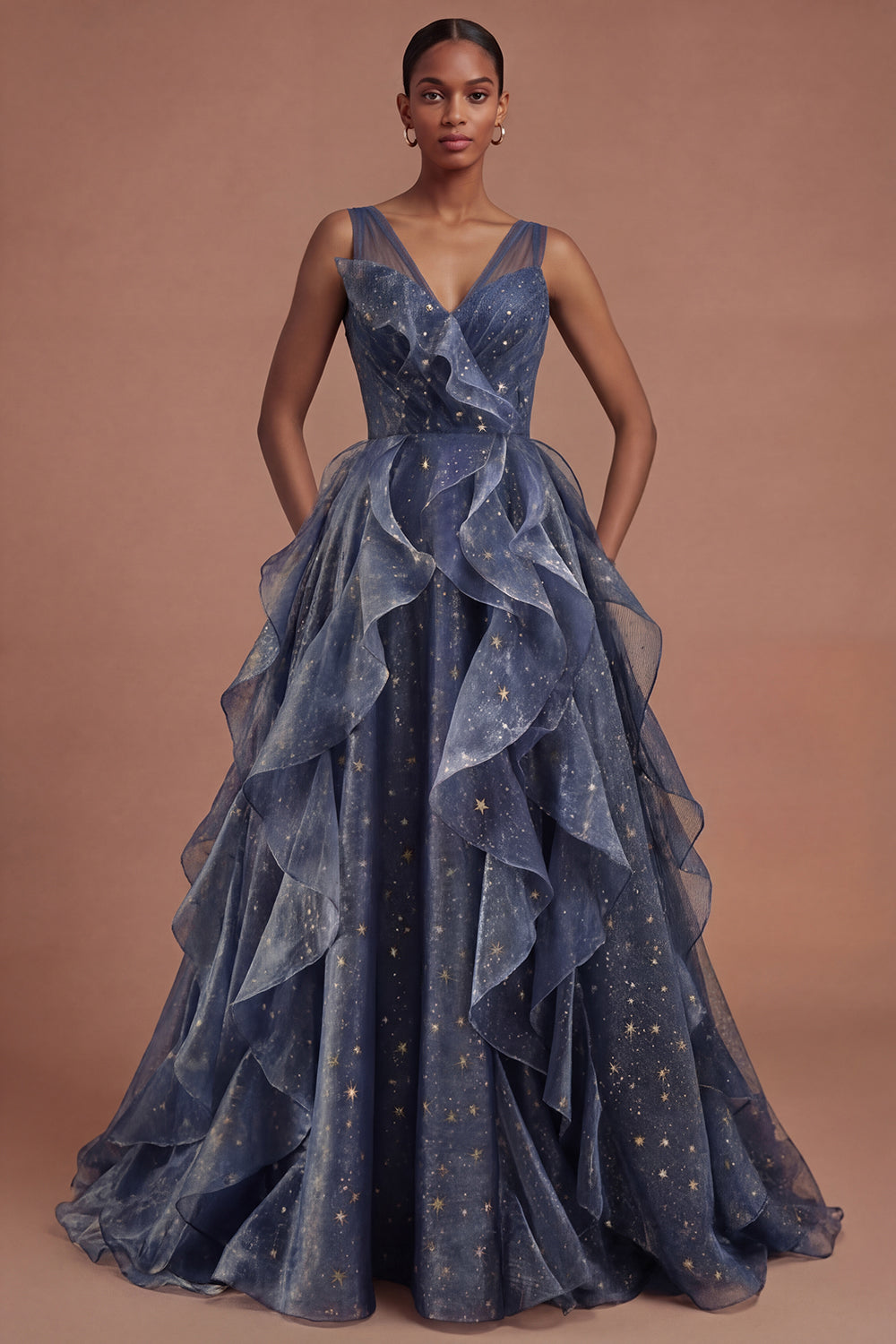 Leely Women Dusty Blue Ruffled Backless Long Prom Dress Sleeveless Thick Straps Evening Dress