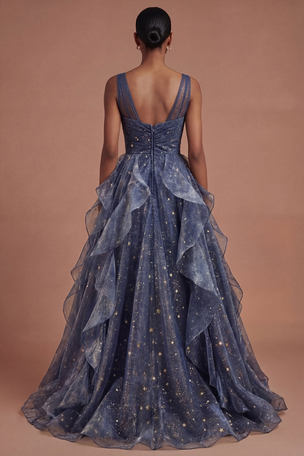 Dusty Blue Ruffled Backless Long Prom Dress