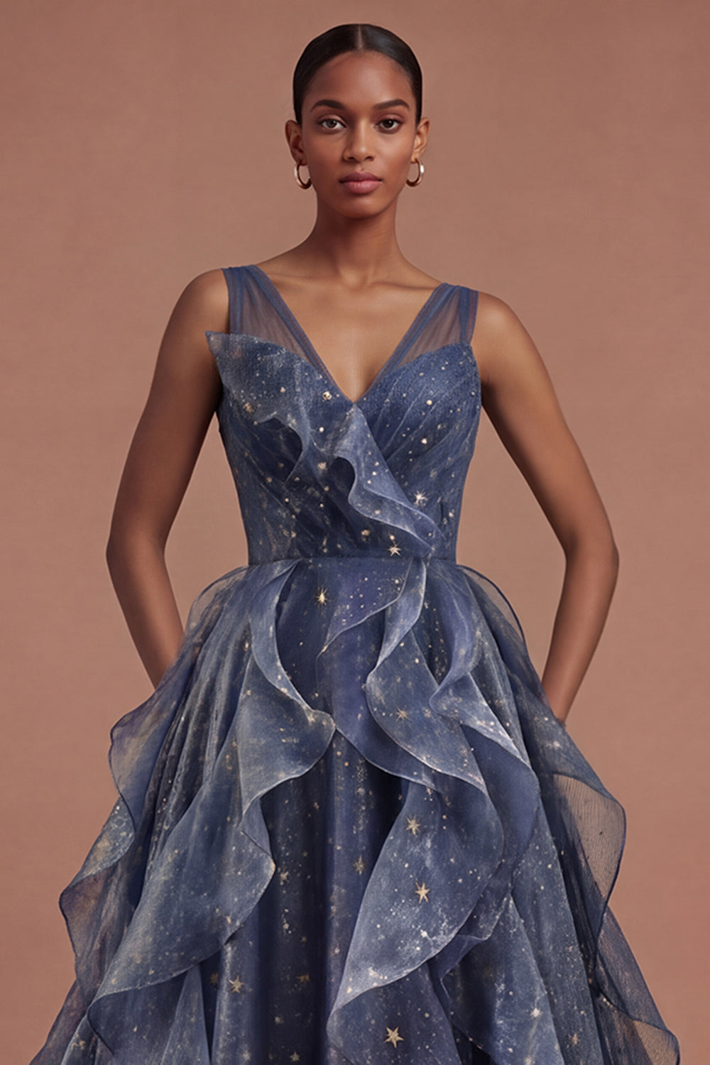 Dusty Blue Ruffled Backless Long Prom Dress